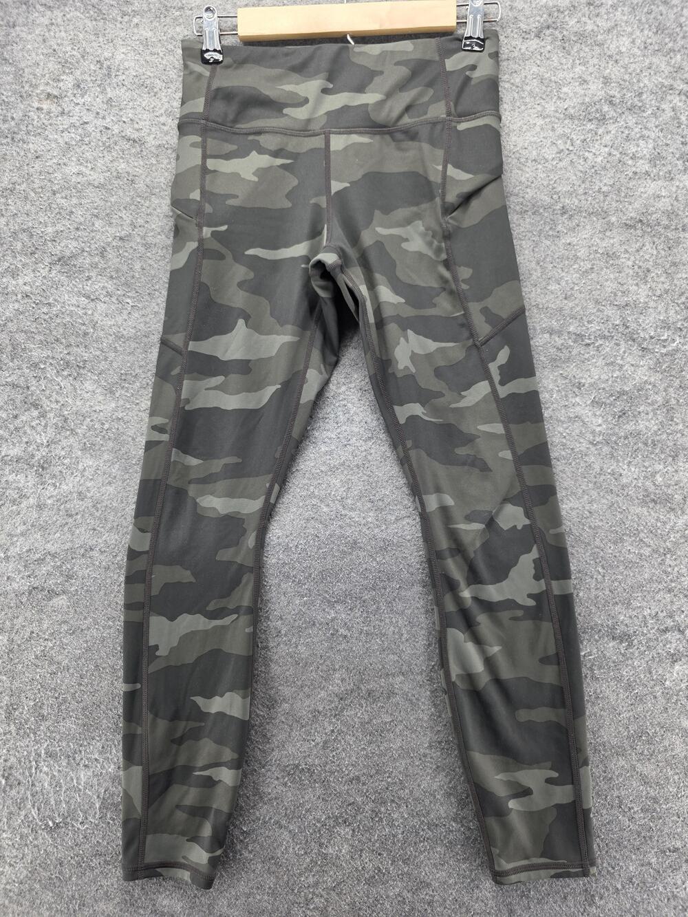 Athleta Leggings Womens XS Green Camo Ankle Zip Pocket Elastic Waist 26.5 Inseam